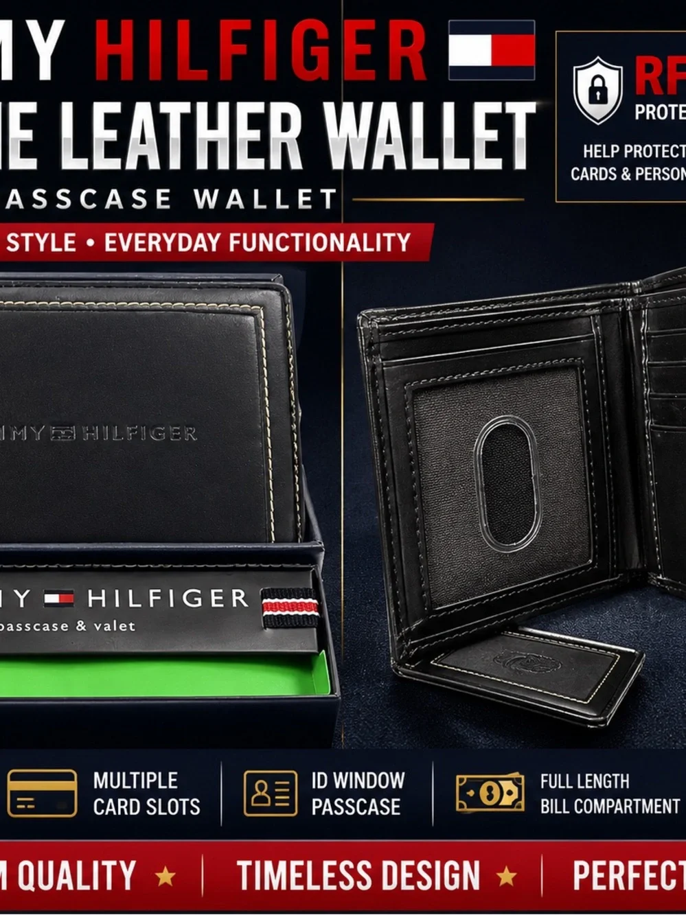 Tommy Hilfiger Black Leather Bi-Fold Wallet with ID Window